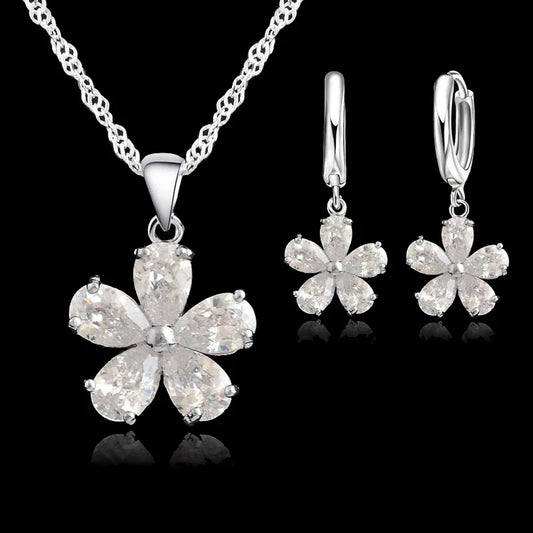 925 Sterling Silver Floral Jewelry Set – Elegant Drop Earrings & Necklace for Women