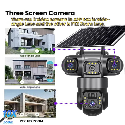 Triple-Lens Solar 360° Dome Camera – 4K Wireless Security with AI Motion Tracking