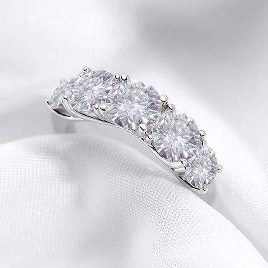 Moissanite Wedding Band – 5-Stone S925 Sterling Silver Ring for Women