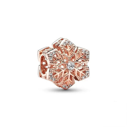 ✨ Rose Gold Plated Winter Charms – ❄️ Snowflake & 💖 Interlocking Hearts | Pandora-Style Bracelet Compatible
