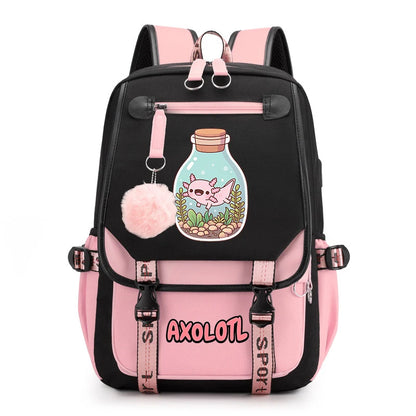 Cute Axolotl Print School Backpack – USB Charging Bag for Girls & Kids
