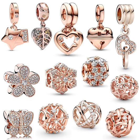 ✨ Rose Gold Plated Winter Charms – ❄️ Snowflake & 💖 Interlocking Hearts | Pandora-Style Bracelet Compatible