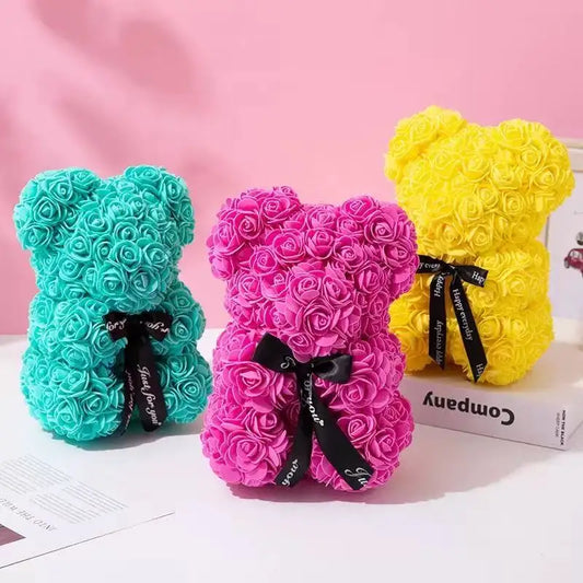🌹 25 cm-es műrózsa virágmackó – romantikus Valentin-napi és évfordulós ajándék 🧸❤️