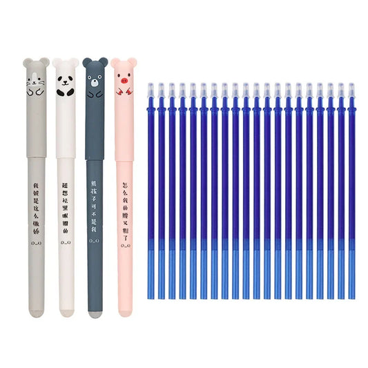 Kawaii Pig Bear Cat Erasable Gel Pen Set - 4+20 Pcs for School & Office