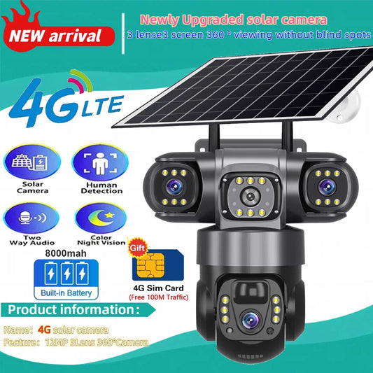 Triple-Lens Solar 360° Dome Camera – 4K Wireless Security with AI Motion Tracking