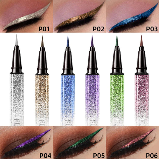 💎 6 Farben Diamant-glänzender flüssiger Eyeliner ✨ | Metallisches, wasserfestes, schnelltrocknendes Augen-Make-up – Silber, Gold und mehr