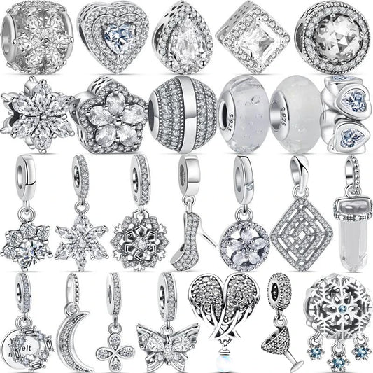 ✨ 925 Silver Sparkling Charms – ❄️ Snowflake, 🌿 Herbarium, 😇 Angel Wings & ❤️ Heart | Pandora-Style Bracelet Compatible