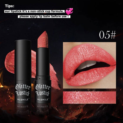 💎 7 Colors Glitter Lipstick – Waterproof Long-Lasting Diamond Pearlescent Metallic Lipstick