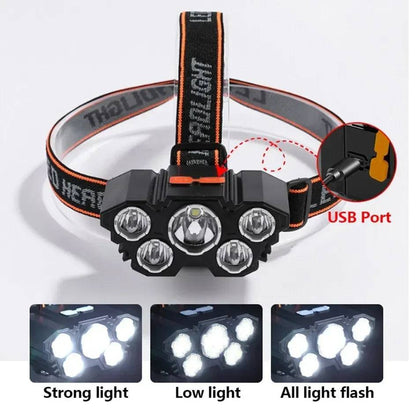 5 LED Rechargeable Headlamp USB Flashlight | Camping Hiking Fishing Light