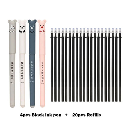 Kawaii Pig Bear Cat Erasable Gel Pen Set - 4+20 Pcs for School & Office