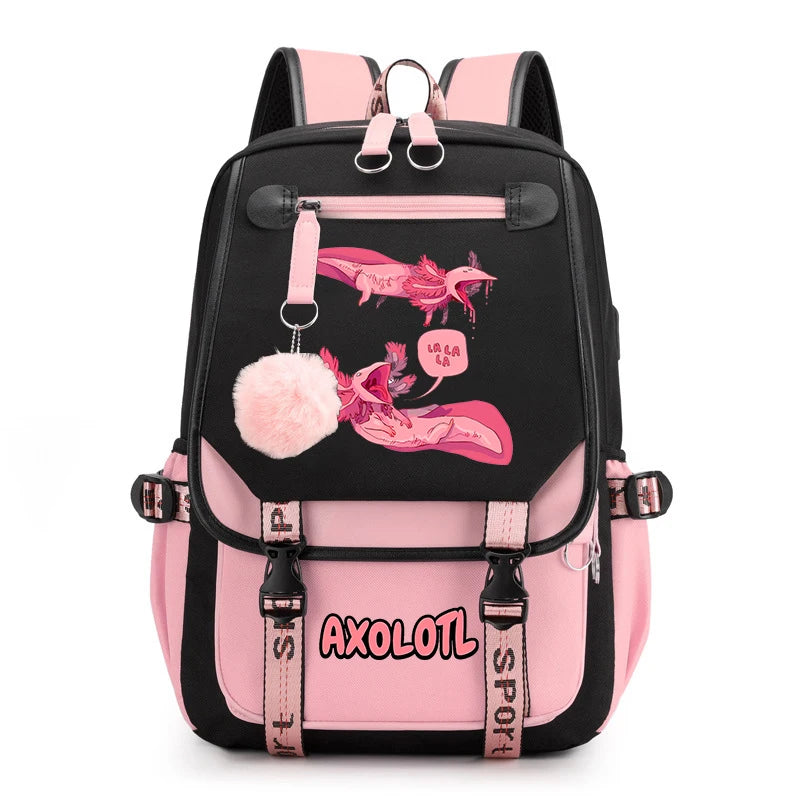 Cute Axolotl Print School Backpack – USB Charging Bag for Girls & Kids