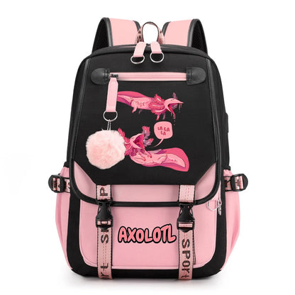 Cute Axolotl Print School Backpack – USB Charging Bag for Girls & Kids