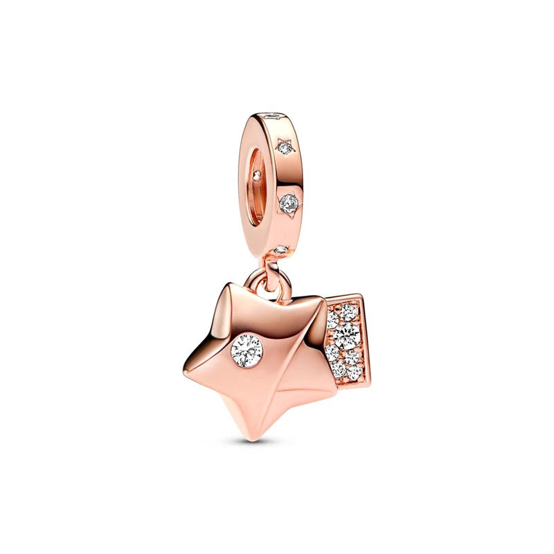 ✨ Rose Gold Plated Winter Charms – ❄️ Snowflake & 💖 Interlocking Hearts | Pandora-Style Bracelet Compatible