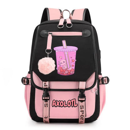 Cute Axolotl Print School Backpack – USB Charging Bag for Girls & Kids
