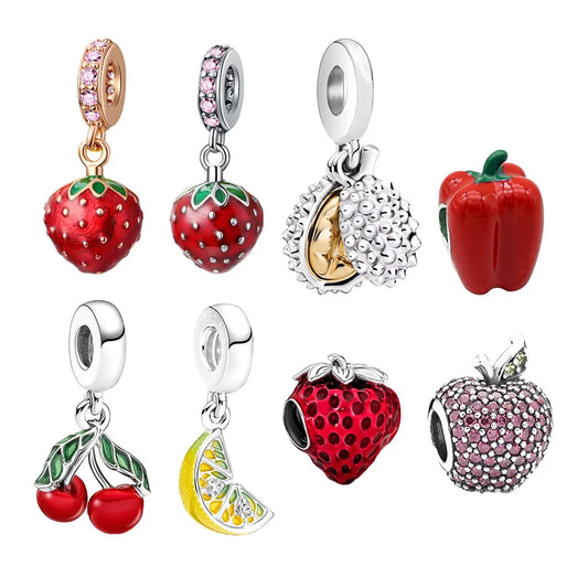 ✨ 925 Silver Fruit Charms – 🍓 Strawberry, 🍒 Cherry, 🍋 Lemon & 🥭 Durian | Pandora-Style Bracelet Compatible
