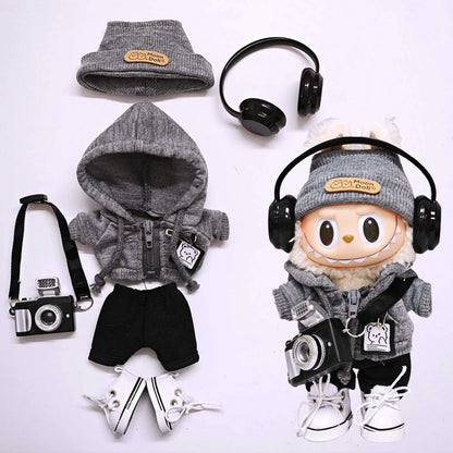 Labubu Universal Hoodie Set – Gray Outfit with Camera, Glasses & Shoes (15-17cm)
