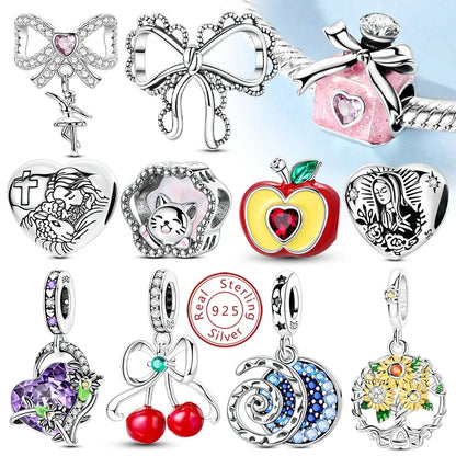 ✨ 925 Silver Cute Charms – 🐾 Cat Paw, 🎀 Bow, 🍎 Apple & ❤️ Heart | Pandora-Style Bracelet Compatible