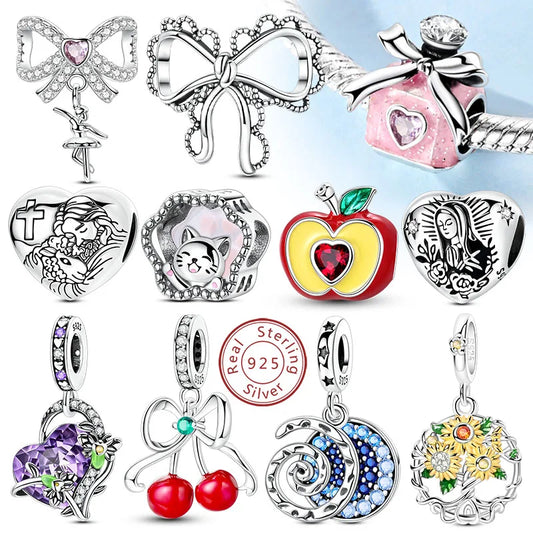 ✨ 925 Silver Cute Charms – 🐾 Cat Paw, 🎀 Bow, 🍎 Apple & ❤️ Heart | Pandora-Style Bracelet Compatible