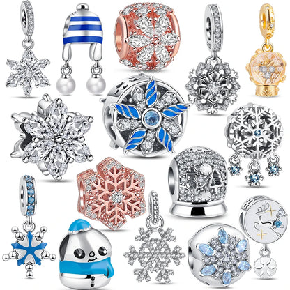 ✨ Winter Charms – ❄️ Snowflake, ⛄ Snowman, 🏠 Snowy House & 🎩 Hat | Pandora-Style Bracelet Compatible