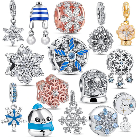✨ Winter Charms – ❄️ Snowflake, ⛄ Snowman, 🏠 Snowy House & 🎩 Hat | Pandora-Style Bracelet Compatible