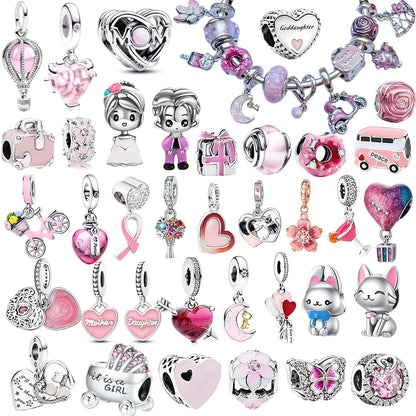 ✨ 925 Silver DIY Charms – 🎈 Hot Air Balloon, 💖 Mother & Daughter Hearts, 💗 Pink Murano Glass | Pandora-Style Bracelet Compatible
