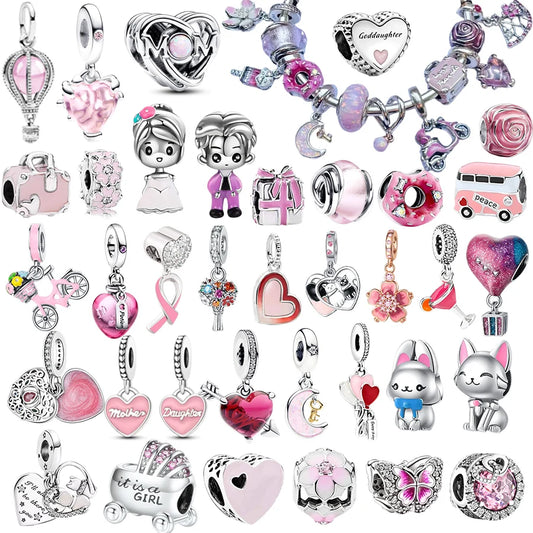 ✨ 925 Silver DIY Charms – 🎈 Hot Air Balloon, 💖 Mother & Daughter Hearts, 💗 Pink Murano Glass | Pandora-Style Bracelet Compatible