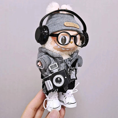 Labubu Universal Hoodie Set – Gray Outfit with Camera, Glasses & Shoes (15-17cm)