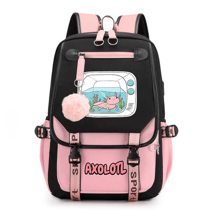 Cute Axolotl Print School Backpack – USB Charging Bag for Girls & Kids