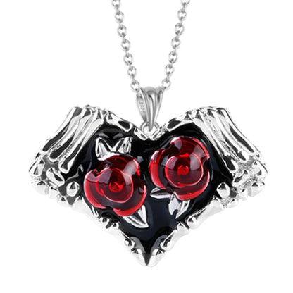 💖 Romantic Rose Heart Pendant Necklace – Red & White Rhinestone Jewelry for Women, Elegant Valentine's Day or Anniversary Gift