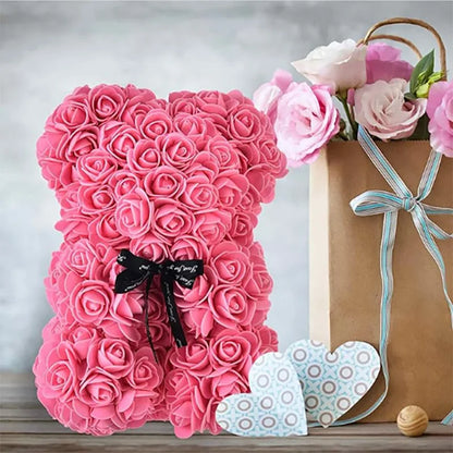 🌹 25 cm-es műrózsa virágmackó – romantikus Valentin-napi és évfordulós ajándék 🧸❤️