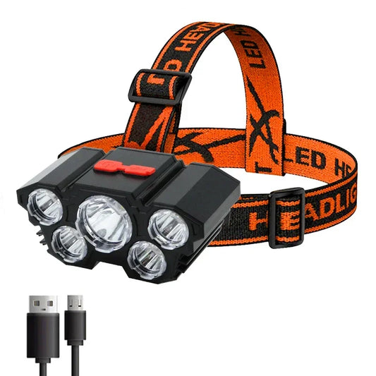 5 LED Rechargeable Headlamp USB Flashlight | Camping Hiking Fishing Light