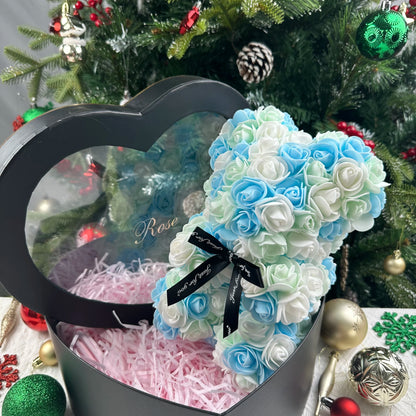 🌹 25 cm-es műrózsa virágmackó – romantikus Valentin-napi és évfordulós ajándék 🧸❤️