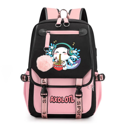 Cute Axolotl Print School Backpack – USB Charging Bag for Girls & Kids