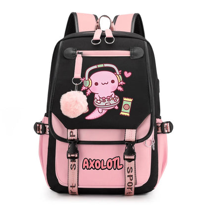 Cute Axolotl Print School Backpack – USB Charging Bag for Girls & Kids
