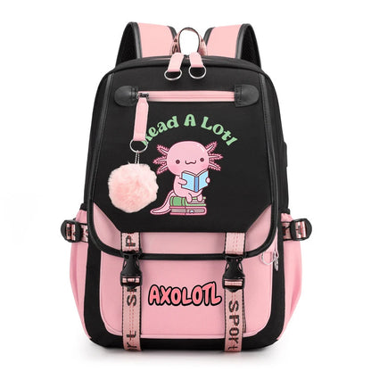 Cute Axolotl Print School Backpack – USB Charging Bag for Girls & Kids