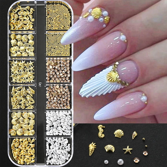 🌊✨ 12Grids Ocean Gold Nail Art Charms | Shell, Seahorse, Starfish & Pearl Gems 🐚🦄 Shop1103833347 Store