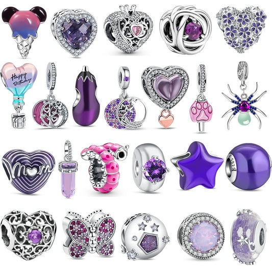 ✨ 925 Silver Purple Charms – ❤️ Heart-Shaped Stone & 🕷️ Spider | Pandora-Style Bracelet Compatible