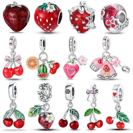 ✨ 925 Silver Strawberry & Cherry Charms – Fruit Series Beads | Pandora-Style Bracelet Compatible