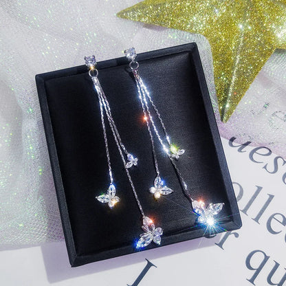 🦋 Shiny Crystal Butterfly Tassel Earrings – Elegant Long Dangle CZ Zircon Earrings for Women – Wedding & Party Jewelry