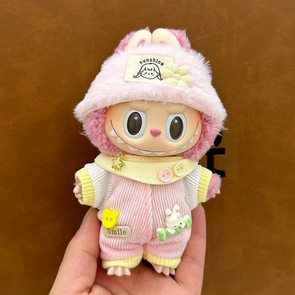 Labubu Autumn Jumpsuit Set – Cartoon Pants & Hat for Plush Dolls (Clothes Only)