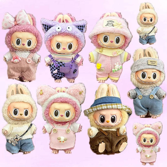 Labubu Autumn Jumpsuit Set – Cartoon Pants & Hat for Plush Dolls (Clothes Only)
