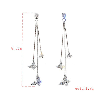🦋 Shiny Crystal Butterfly Tassel Earrings – Elegant Long Dangle CZ Zircon Earrings for Women – Wedding & Party Jewelry