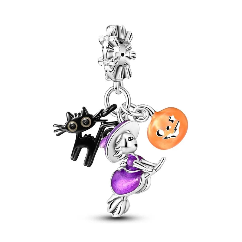 ✨ 925 Sterling Silver Halloween Charms – 🧙‍♀️ Witch, 💀 Skeleton, 👻 Ghost & 🎃 Pumpkin | Pandora-Style Bracelet Compatible