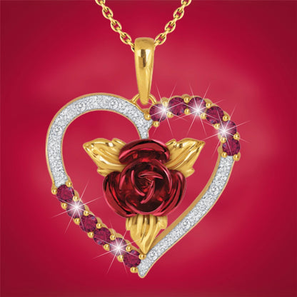 💖 Romantic Rose Heart Pendant Necklace – Red & White Rhinestone Jewelry for Women, Elegant Valentine's Day or Anniversary Gift