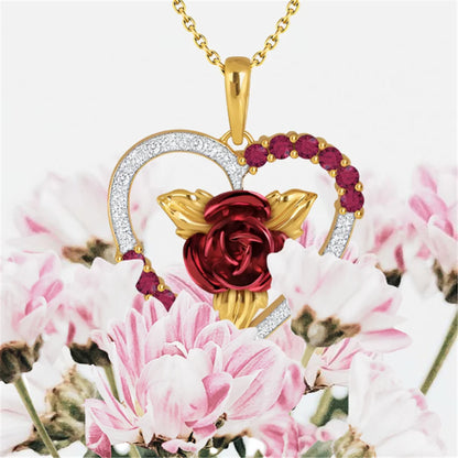 💖 Romantic Rose Heart Pendant Necklace – Red & White Rhinestone Jewelry for Women, Elegant Valentine's Day or Anniversary Gift
