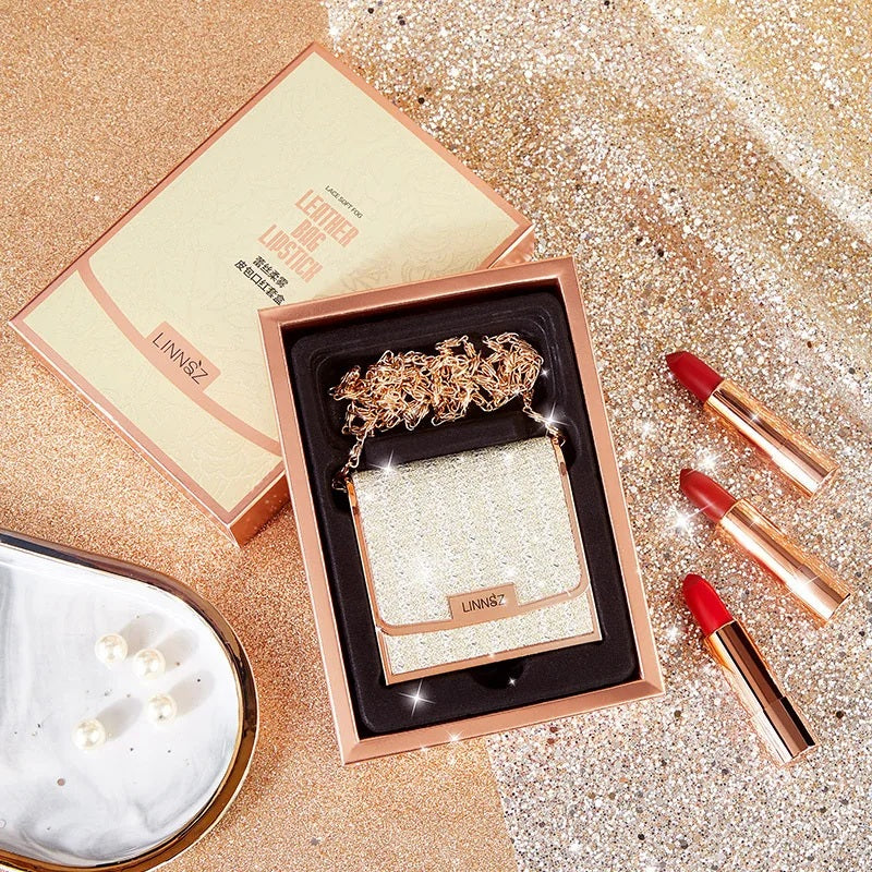 Matte Lipstick Set – 3 Colors Velvet Lipsticks with Silver Chain Bag Gift Box – Private Label Make Up 3.5g x 3