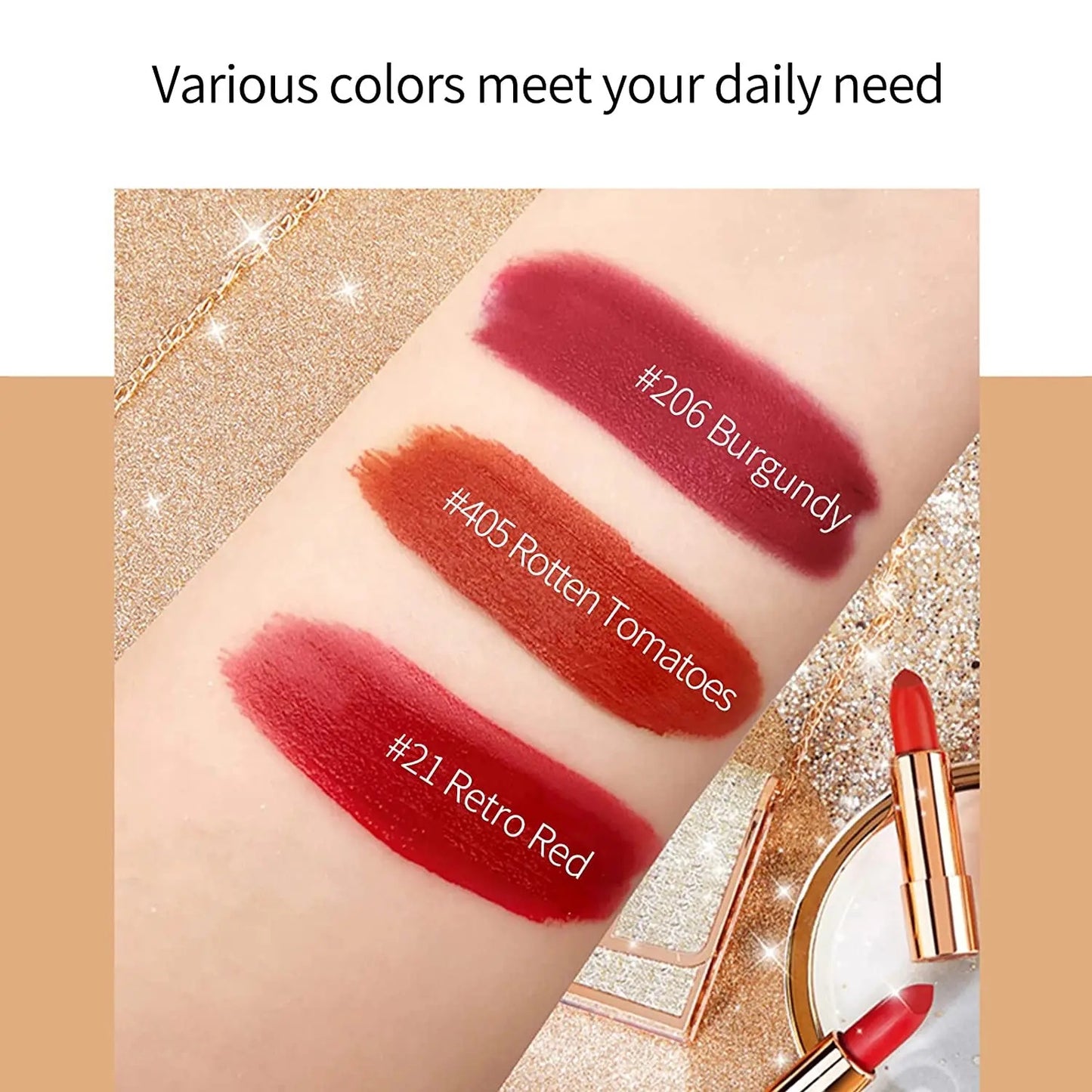Matte Lipstick Set – 3 Colors Velvet Lipsticks with Silver Chain Bag Gift Box – Private Label Make Up 3.5g x 3