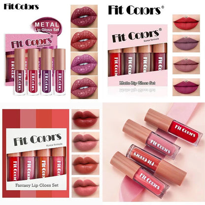 Fit Colors Velvet Lip Gloss Set — 4-Piece Non-Transfer, Diamond Finish, Long-Lasting Lip Gloss Collection