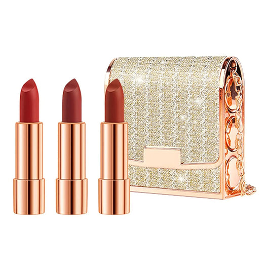 Matte Lipstick Set – 3 Colors Velvet Lipsticks with Silver Chain Bag Gift Box – Private Label Make Up 3.5g x 3