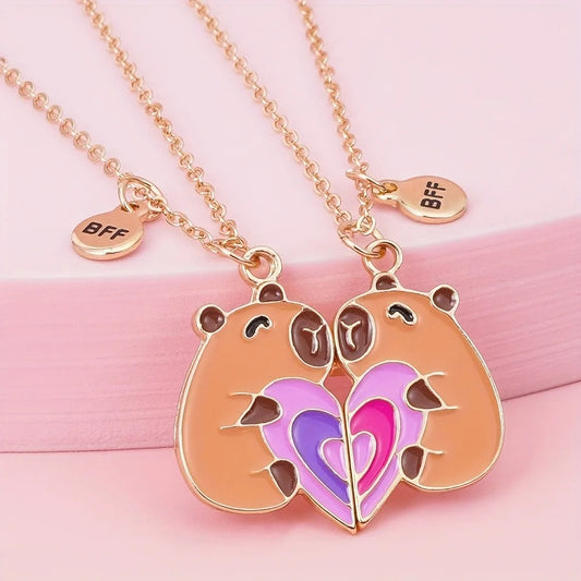 2-Piece Capybara Heart Necklace Set – BFF Friendship Jewelry